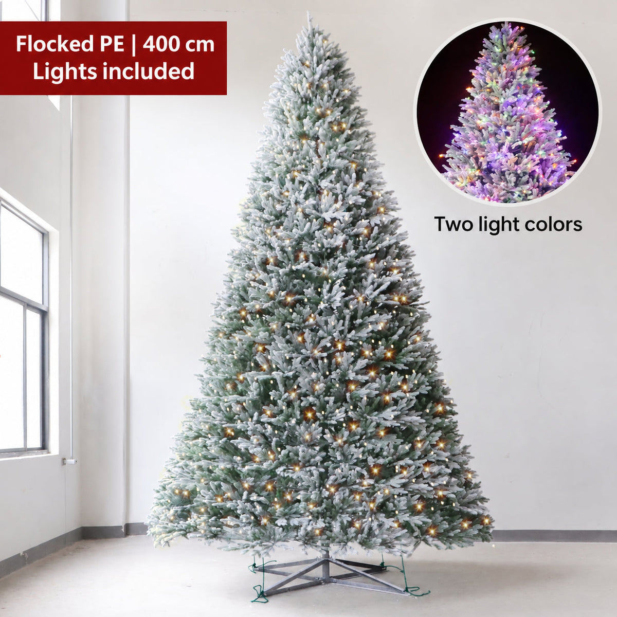 Flocked PE artificial Christmas tree, 400 cm, lights included
