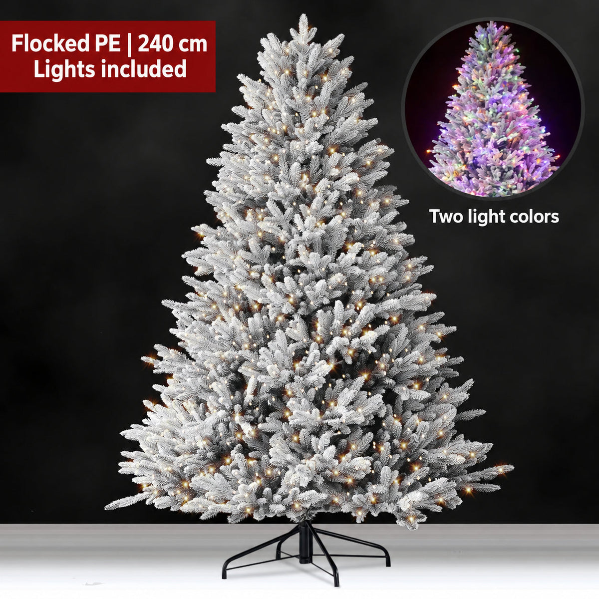 Flocked PE artificial Christmas tree, 240 cm, lights included