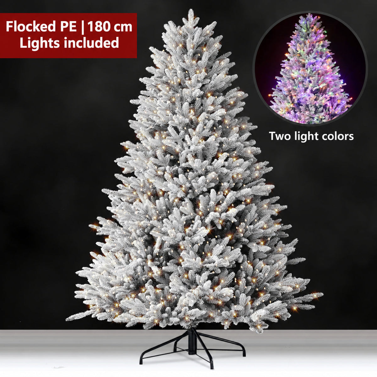 Flocked PE artificial Christmas tree, 180 cm, lights included
