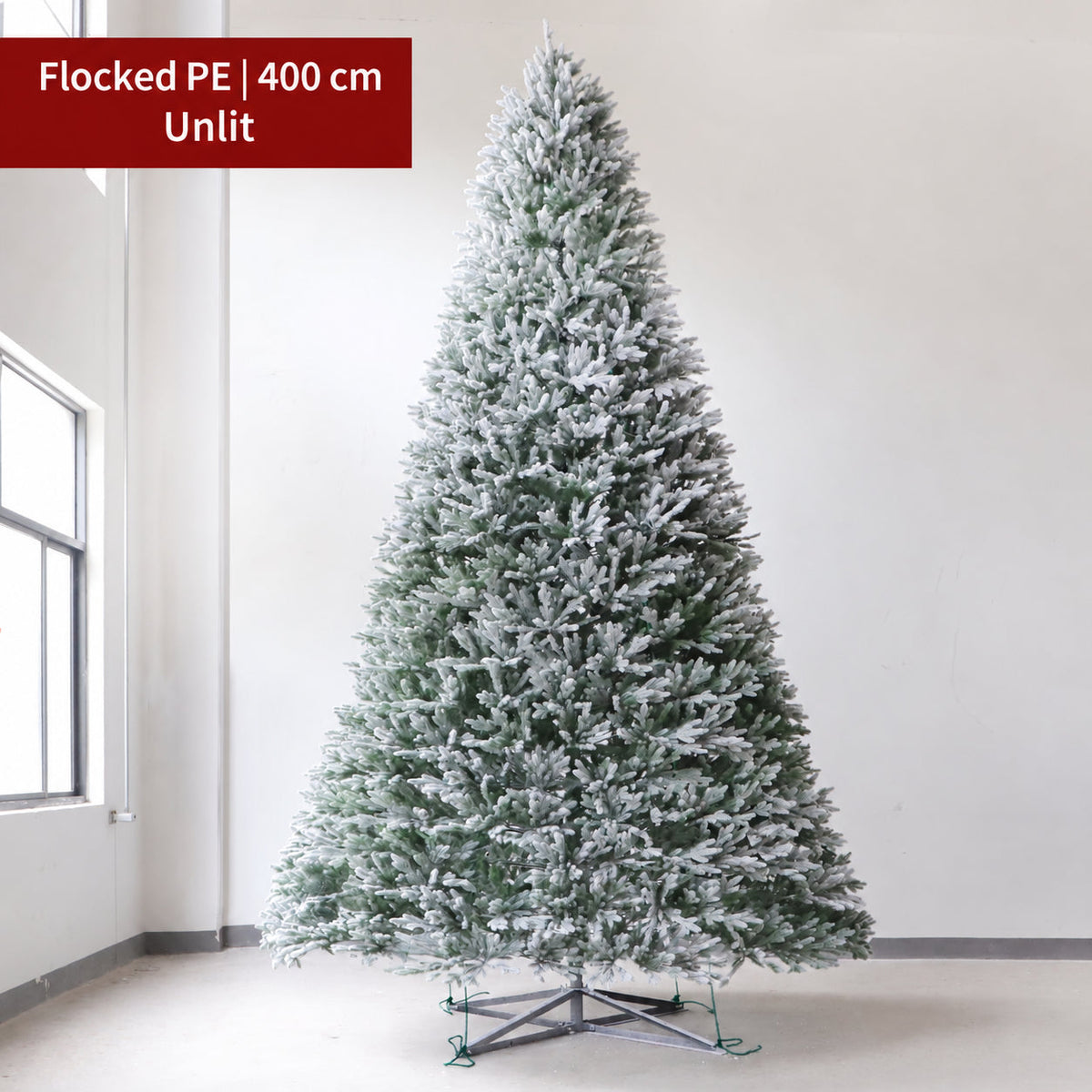 Flocked PE artificial Christmas tree, 400 cm, unlit