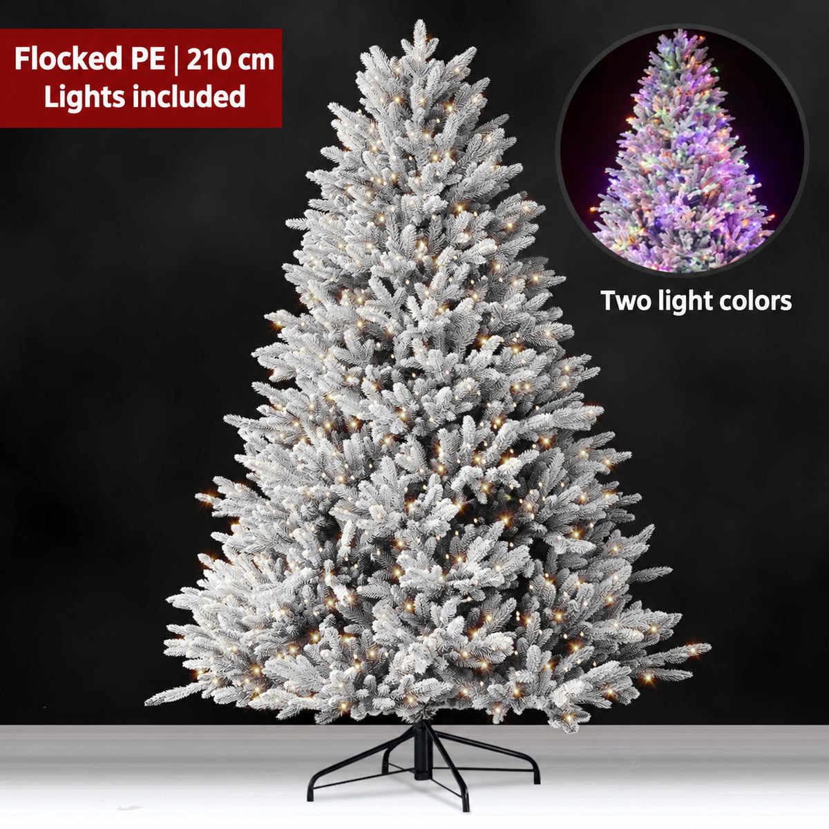 Flocked PE artificial Christmas tree, 210 cm, lights included