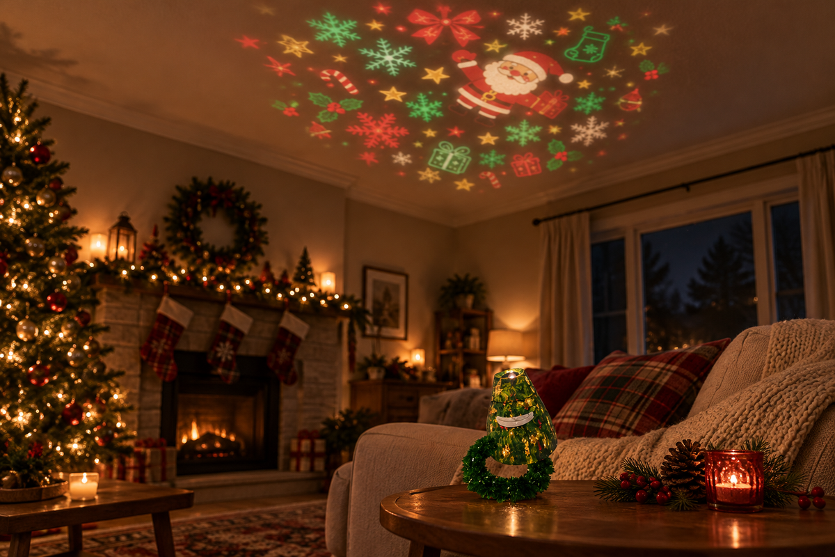 Christmas projector in a cozy living room at night, with soft shadows and subdued colors.