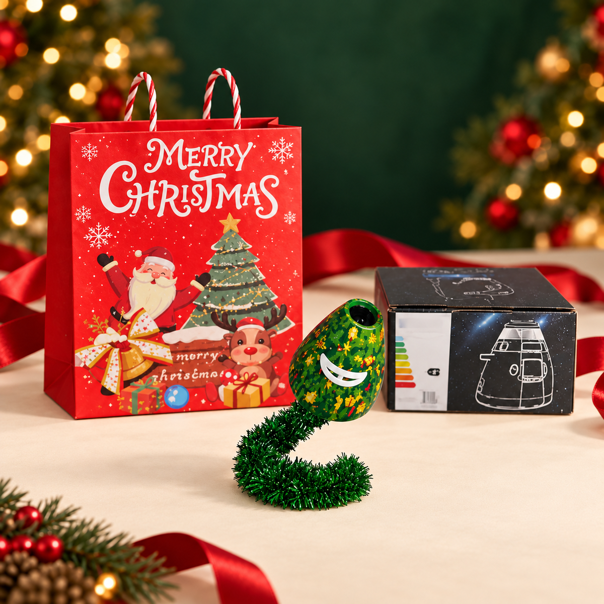 Christmas projector gift packaging with red holiday gift bag and green projector