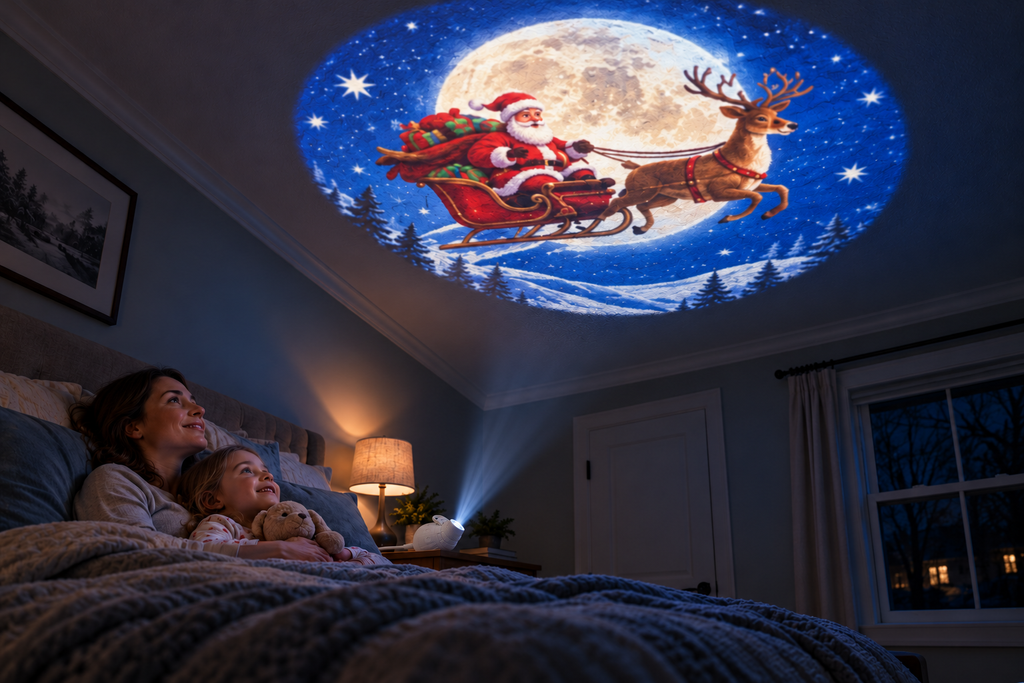 Mother and child watching a Christmas sleigh projection on a bedroom ceiling.