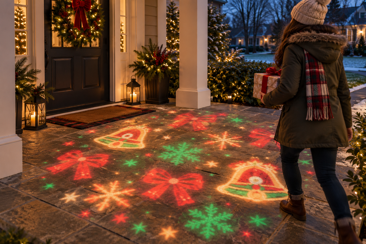 Christmas bells projected across a front porch as a guest arrives.