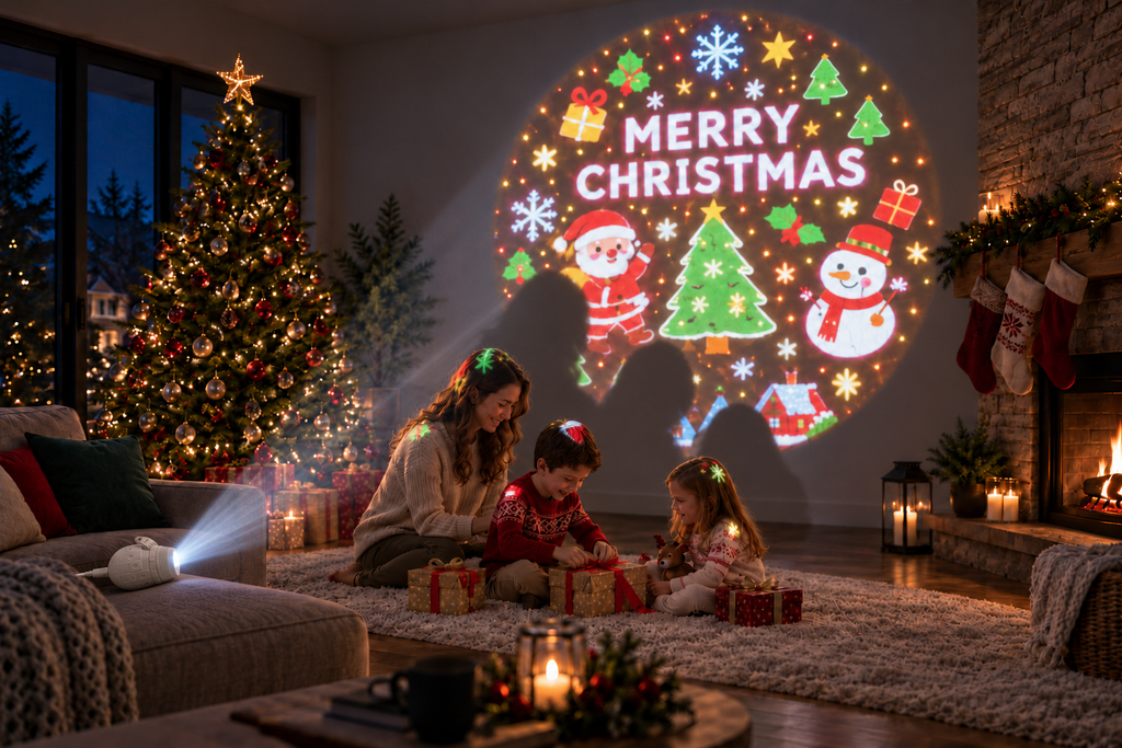 Christmas projection in a living room with a family, tree and fireplace.