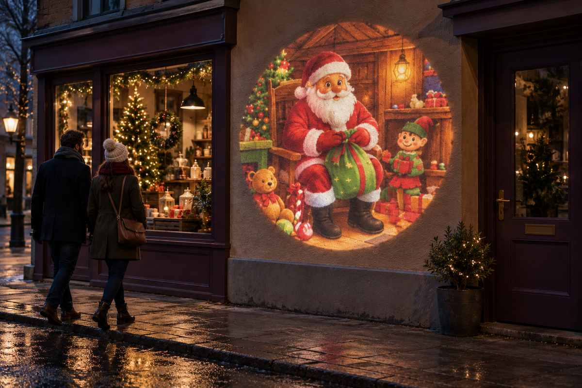 Santa and elf Christmas projection on a storefront wall at night.