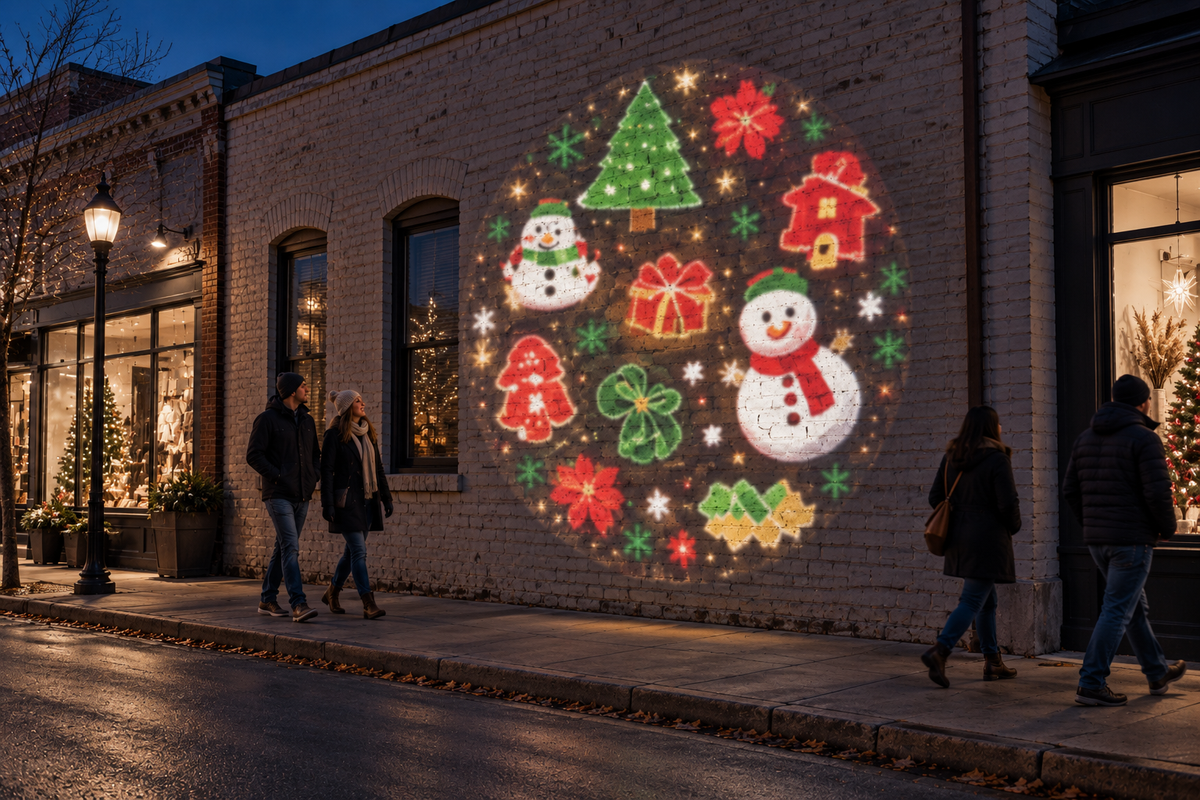 Christmas snowman projection on a shopping street wall with pedestrians.