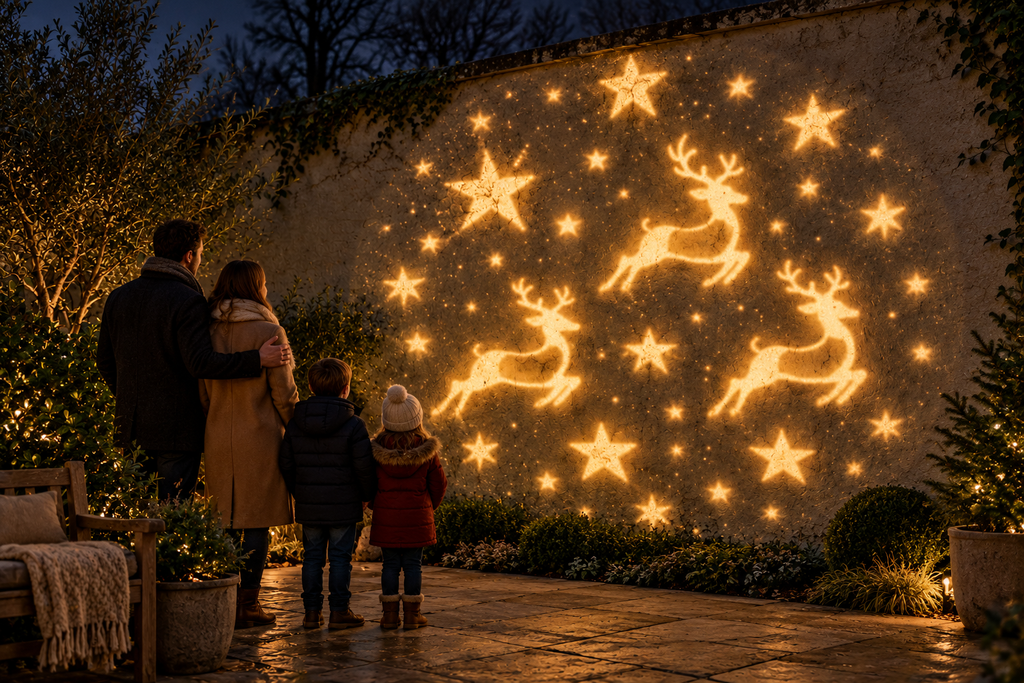 Golden reindeer Christmas projection across a garden wall with a family watching.