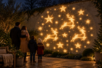 Golden reindeer Christmas projection across a garden wall with a family watching.