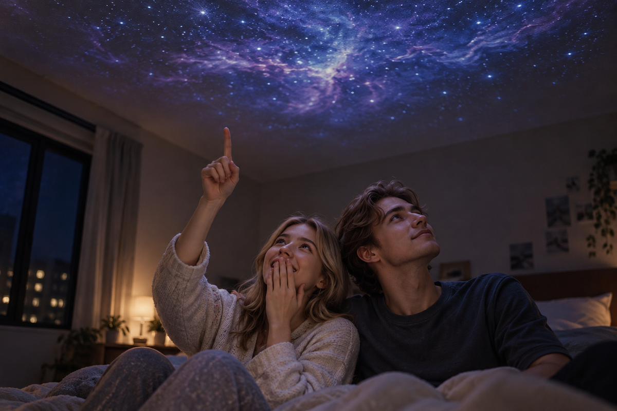 Couple enjoying a softly projected night sky in a dim bedroom.