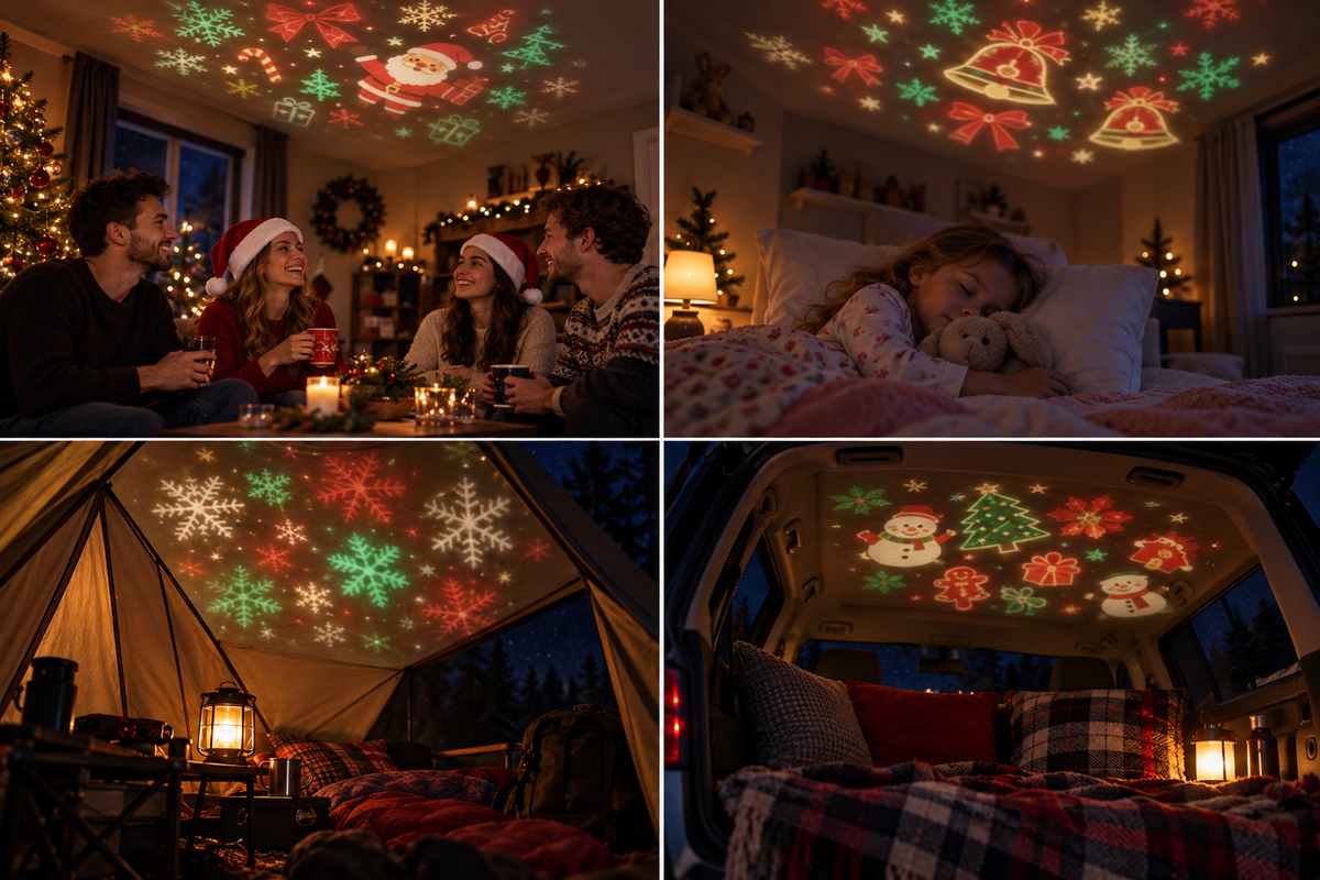 Four nighttime Christmas projection scenes: gathering, bedtime, tent and parked car.