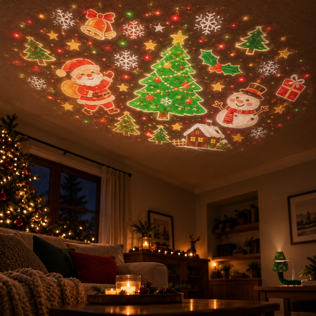Christmas slide projected across a living-room ceiling at night, with the small projector in a distant corner.